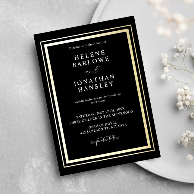 Convites Casamento Elegante Moderno Dourado E Minimalista (Black And Gold Minimalist Modern Elegant Wedding Invitation)