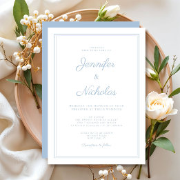 Convites Casamento Elegante Moderno em Azul Pó Script
