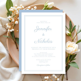 Convites Casamento Elegante Moderno em Azul Pó Script