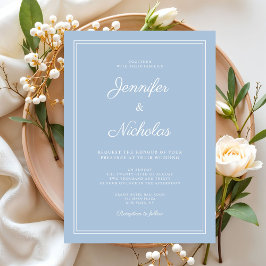 Convites Casamento Elegante Moderno em Azul Pó Script
