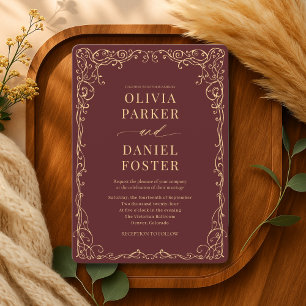 Convites Casamento Elegante Moderno em Dourado e Borgonha