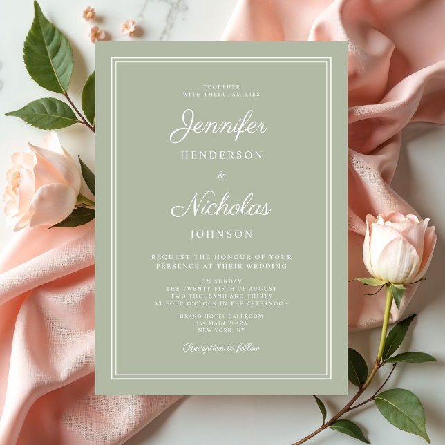 Convites Casamento Elegante Moderno em Verde Sage com Letra (Elegant Modern Sage Green Script Wedding Invitation)