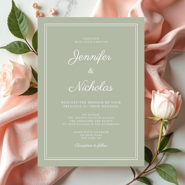 Convites Casamento Elegante Moderno em Verde Sage com Letra (Elegant Modern Sage Green Script Wedding Invitation)