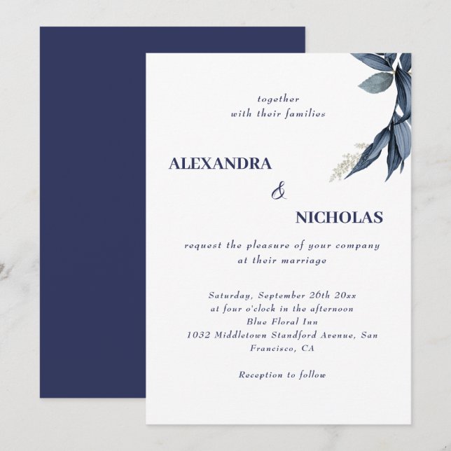 Convites Casamento Elegante Moderno marinho Azul (Frente/Verso)