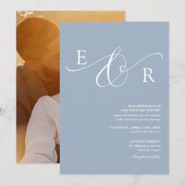 Convites Casamento Elegante Moderno Monograma Foto Azul Poe
