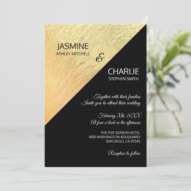 Convites Casamento Elegante Moderno Preto e Dourado com Fol (Em pé/Frente)