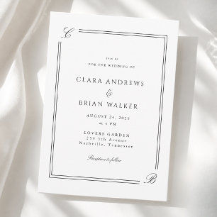 Convites Casamento Elegante Monograma Branco Borda Preta