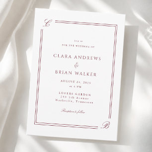 Convites Casamento Elegante Monograma Branco com Borda Burg