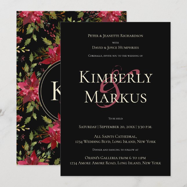 Convites Casamento Elegante Monograma Claret Red Poinsettia (Frente/Verso)