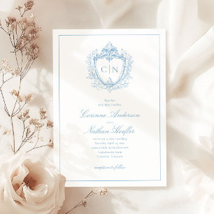Convites Casamento Elegante Monograma Crista Azul Empoeirad
