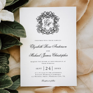 Convites Casamento Elegante Monograma Crista Preto Branco