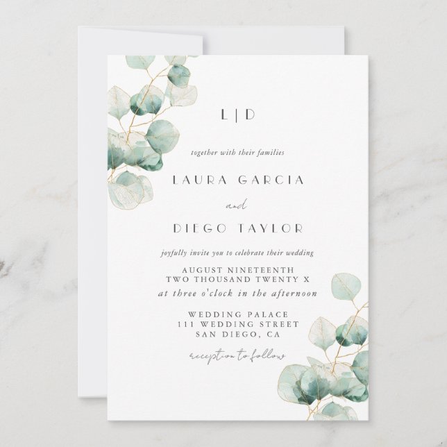 Convites Casamento Elegante Monograma de Eucalipto (Frente)