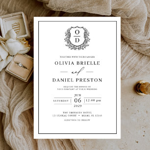 Convites Casamento Elegante Monograma de Folha Negra Branca