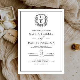 Convites Casamento Elegante Monograma de Folha Negra Branca