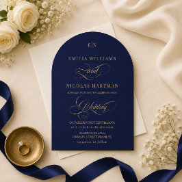 Convites Casamento Elegante Monograma Dourado Azul Naval