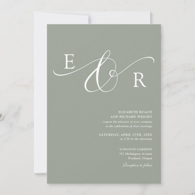 Convites Casamento Elegante Monograma em Verde Sage (Frente)