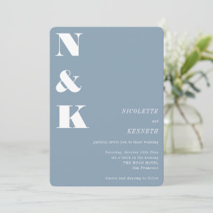 Convites Casamento Elegante Monograma Moderno Azul Empoeira