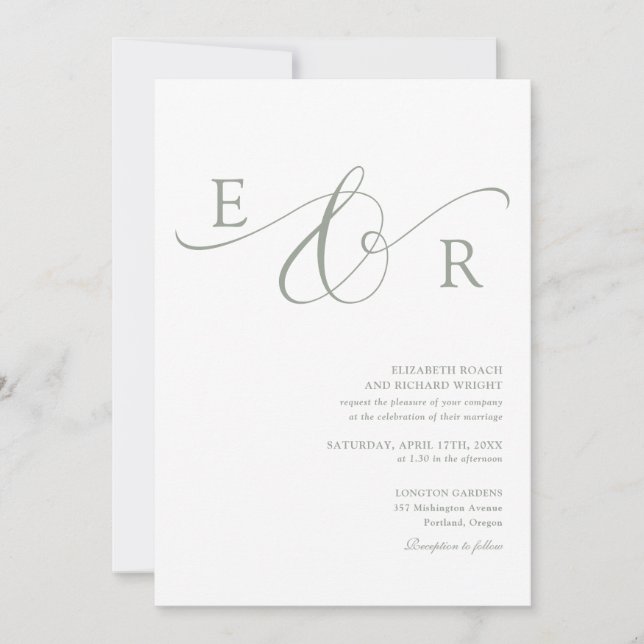 Convites Casamento Elegante Monograma Verde Sage (Frente)