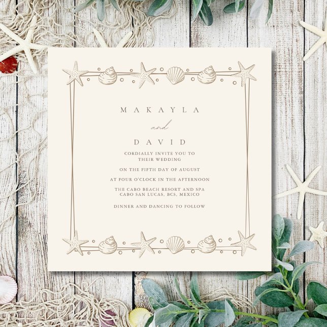 Convites Casamento Elegante na Praia à Beira-Mar com Concha (Elegant Coastal Seaside Seashell Beach Wedding Invitation)