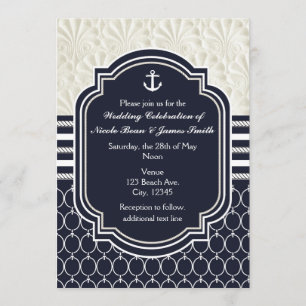 Convites Casamento Elegante na Praia com Azul Marinho e Bra