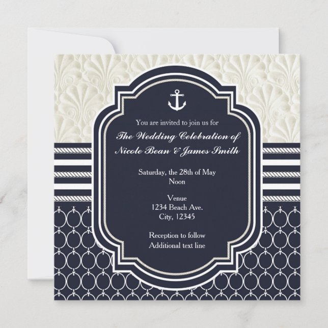 Convites Casamento Elegante na Praia com Azul Marinho e Bra (Frente)