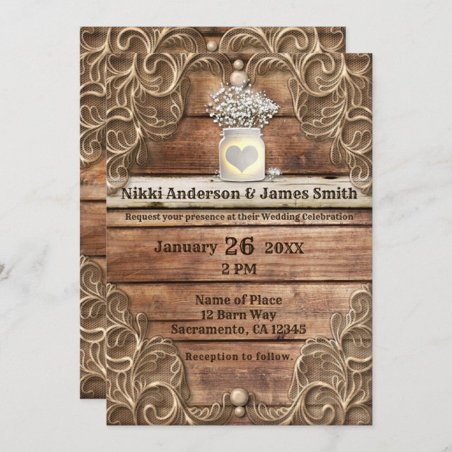 Convites Casamento Elegante Ocidental de Lace Wood Rustic V (Frente/Verso)