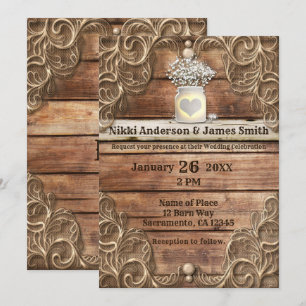 Convites Casamento Elegante Ocidental de Lace Wood Rustic V