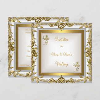 Convites Casamento Elegante Ornado Floral Branco Dourado