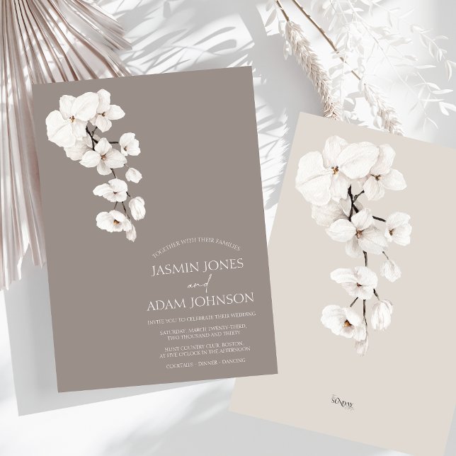 Convites Casamento Elegante Orquídea Branca de Cinzas Moder (Modern Gray White Orchids Wedding Invitation)