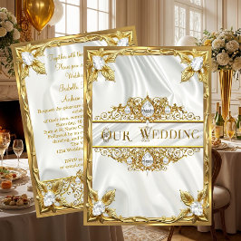 Convites Casamento Elegante Ouro Seda Branca Diamantes Gema