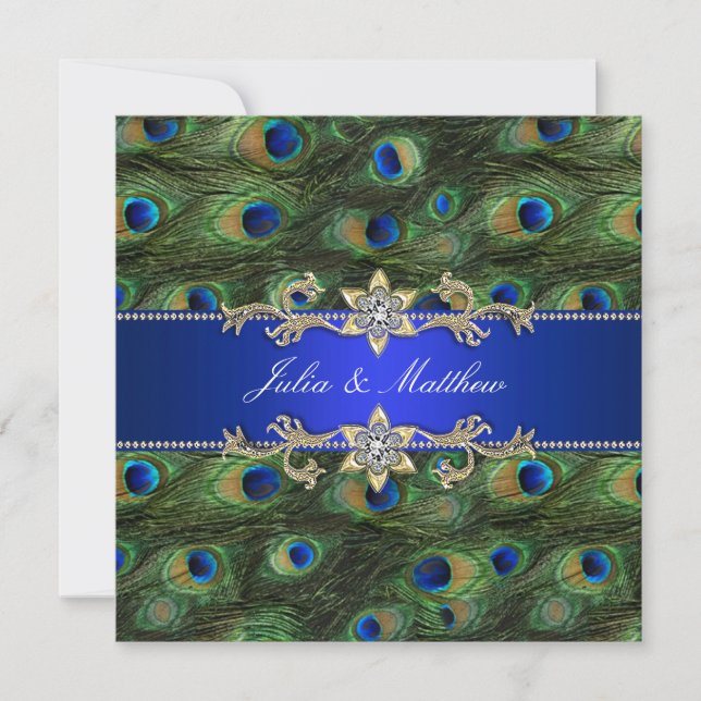 Convites Casamento Elegante Pavão Azul Real (Frente)