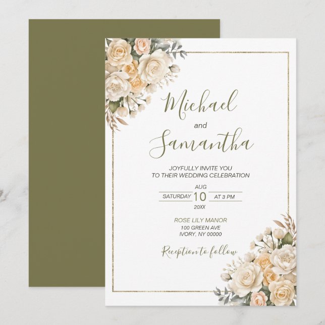 Convites Casamento Elegante Pérola Branca e Rosa Marfim (Frente/Verso)