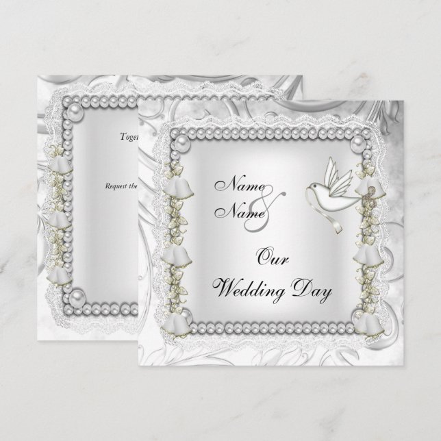 Convites Casamento Elegante Pombo Branco Dourado (Frente/Verso)