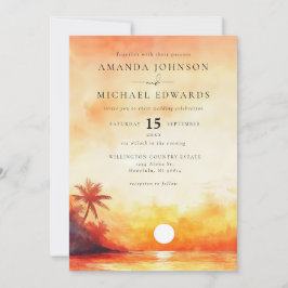 Convites Casamento Elegante Pôr do Sol Laranja Aquarela na