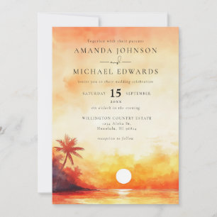 Convites Casamento Elegante Pôr do Sol Laranja Aquarela na