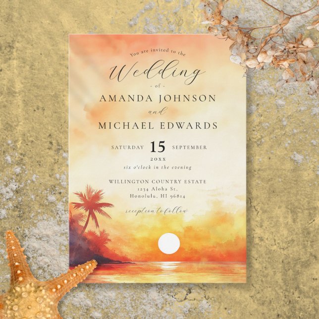 Convites Casamento Elegante Pôr do Sol Laranja na Praia em  (Watercolor Elegant Orange Beach Sunset Wedding Invitation)