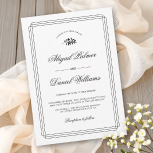 Convites Casamento elegante preto, branco com galho e borda