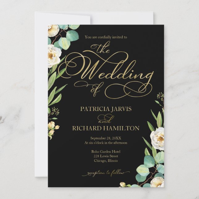 Convites Casamento Elegante Preto Dourado Folha de Script V (Frente)