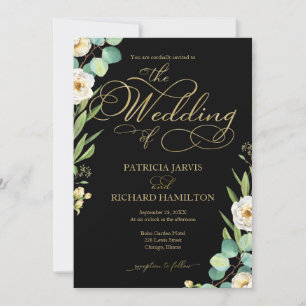 Convites Casamento Elegante Preto Dourado Folha de Script V