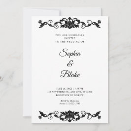 Convites Casamento Elegante Preto e Branco com Arte Floral
