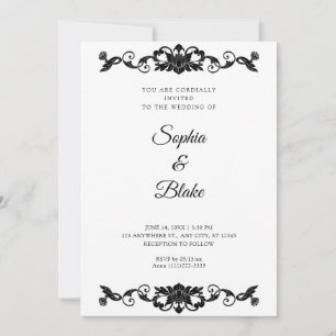 Convites Casamento Elegante Preto e Branco com Arte Floral 