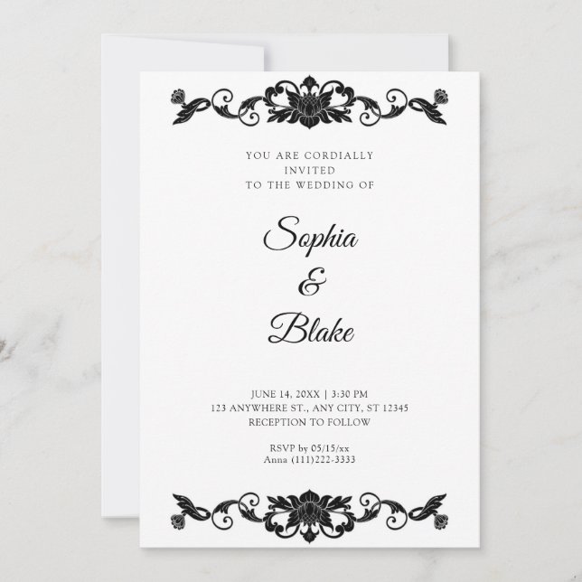 Convites Casamento Elegante Preto e Branco com Arte Floral  (Frente)