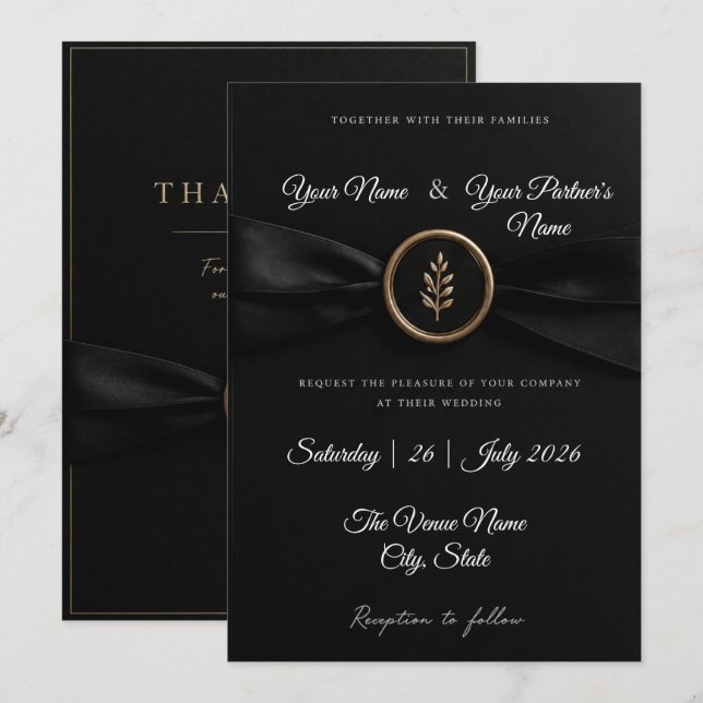 Convites Casamento Elegante Preto e Branco e Clássico Doura (Frente/Verso)