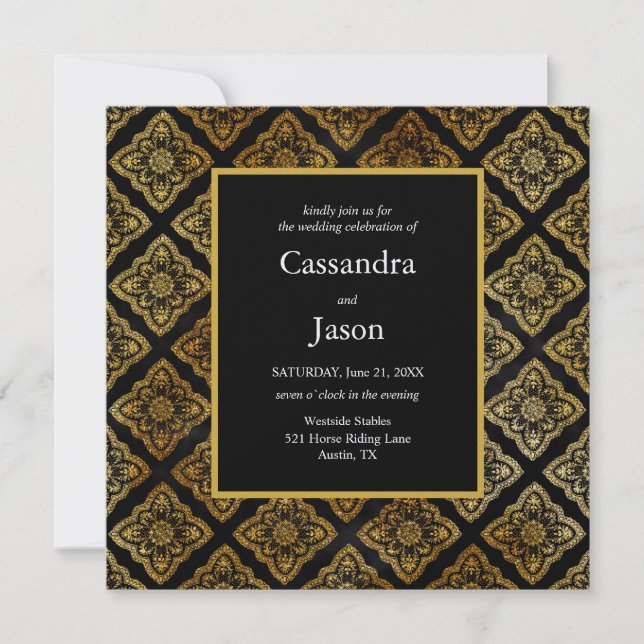 Convites Casamento Elegante Preto e Dourado (Frente)