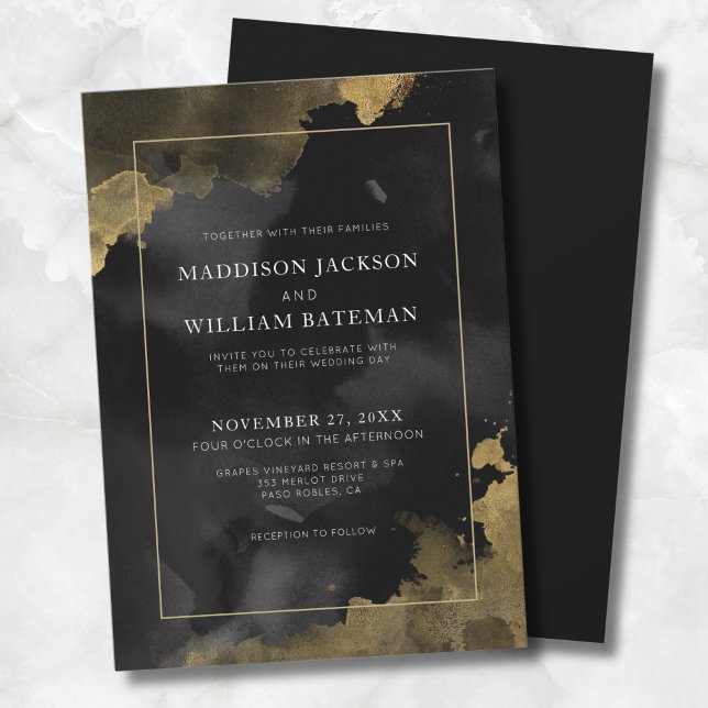 Convites Casamento Elegante Preto e Dourado (Elegant Watercolor Black Gold Wedding Invitation)