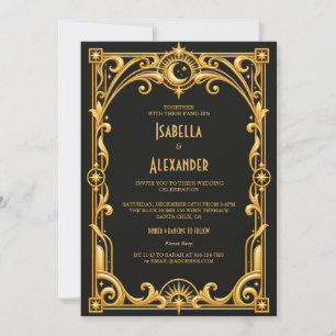 Convites Casamento Elegante Preto e Dourado Art Déco dos An