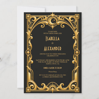 Convites Casamento Elegante Preto e Dourado Art Déco dos An