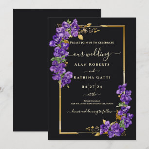 Convites Casamento Elegante Preto e Dourado com Violetas Ro
