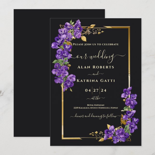 Convites Casamento Elegante Preto e Dourado com Violetas Ro (Frente/Verso)