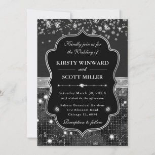 Convites Casamento Elegante Preto e Prata com Diamantes